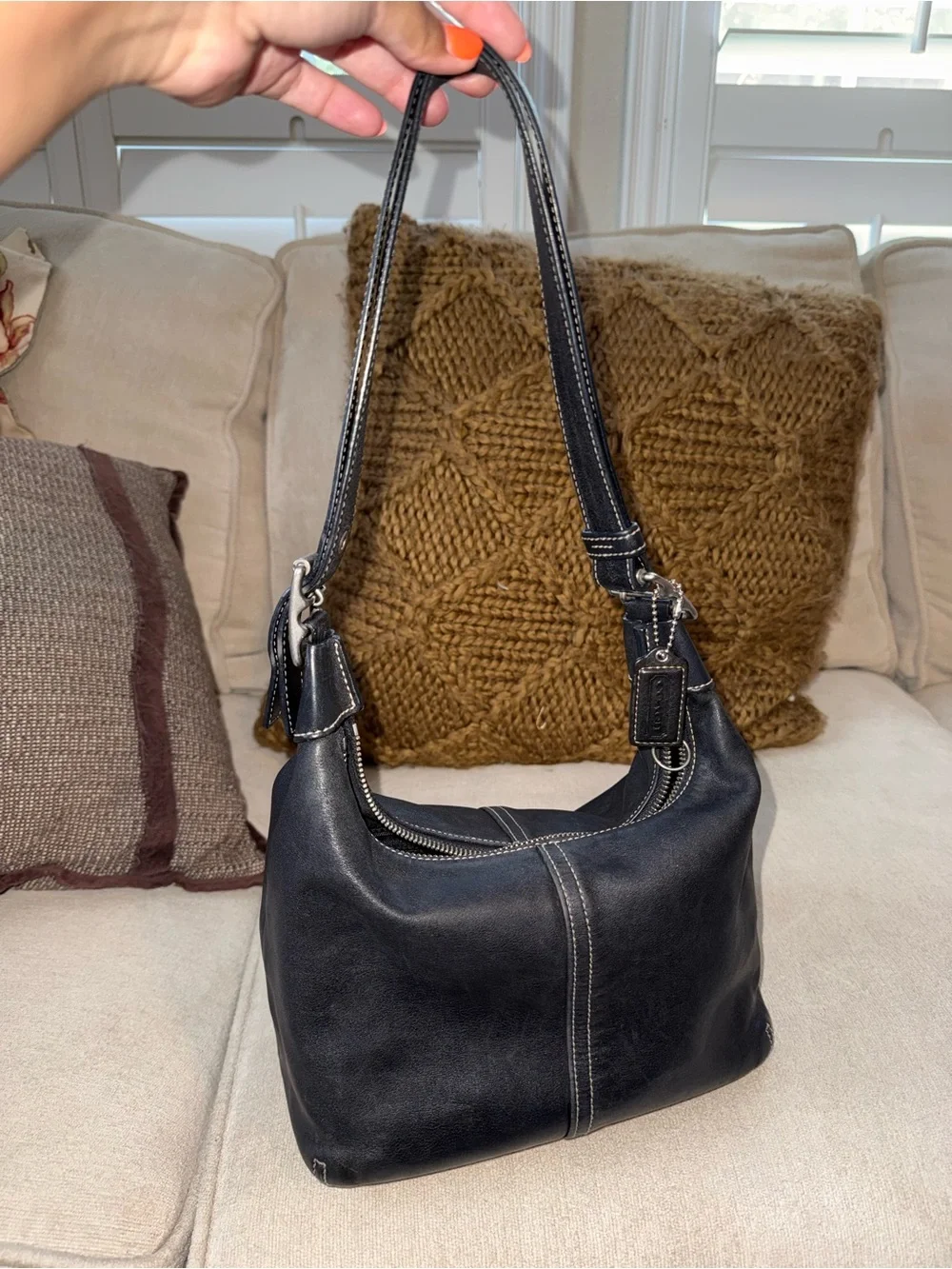 Vintage Coach Legacy Black Leather Hobo Bag with Contrast Stitching 9566